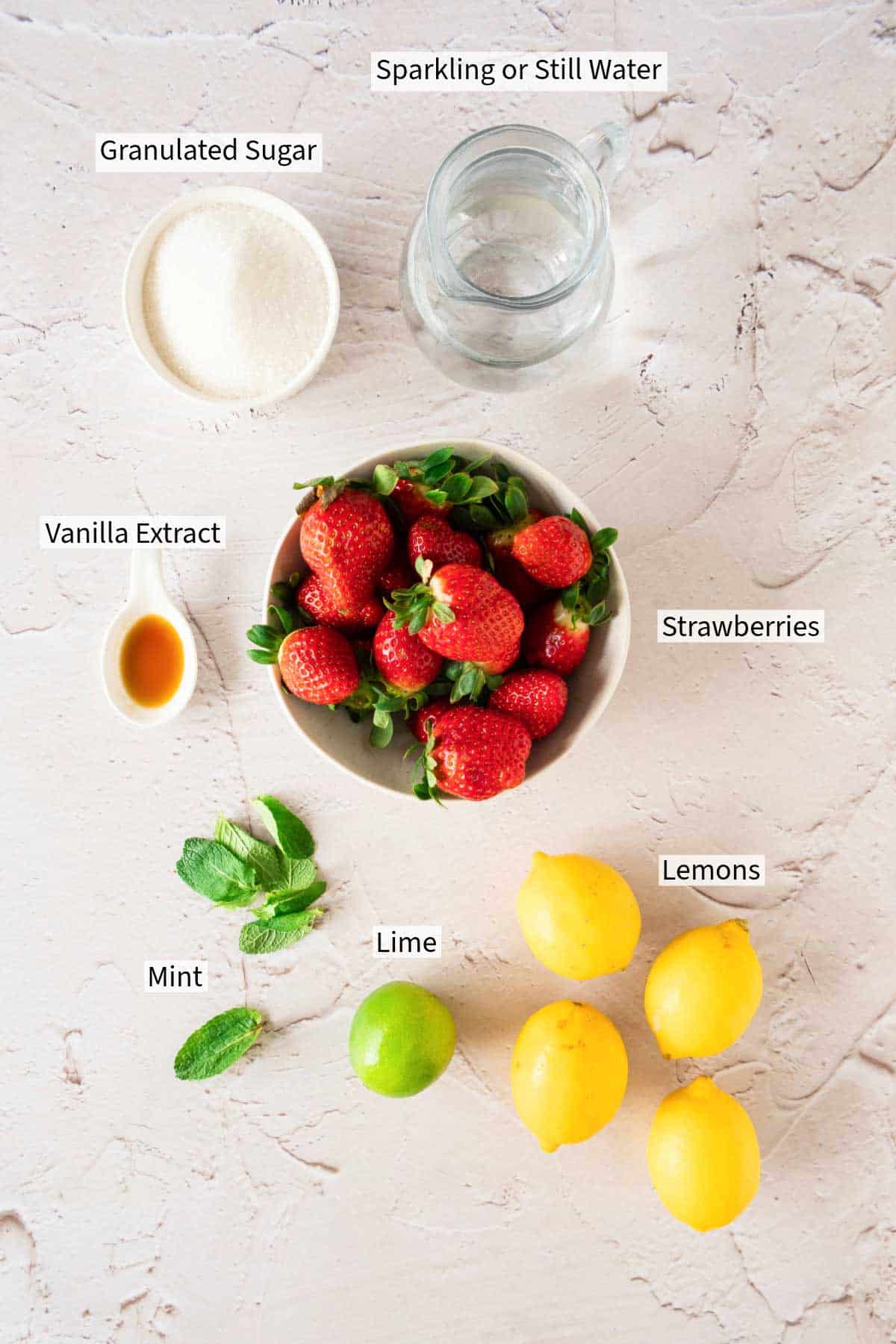 Ingredients for Strawberry minted lemonade.