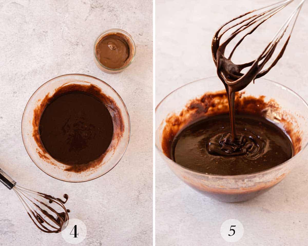 Two side-by-side images showing the steps of making chocolate cupcake batter. The left shows whisk and bowl, the right a whisk lifting glossy batter.