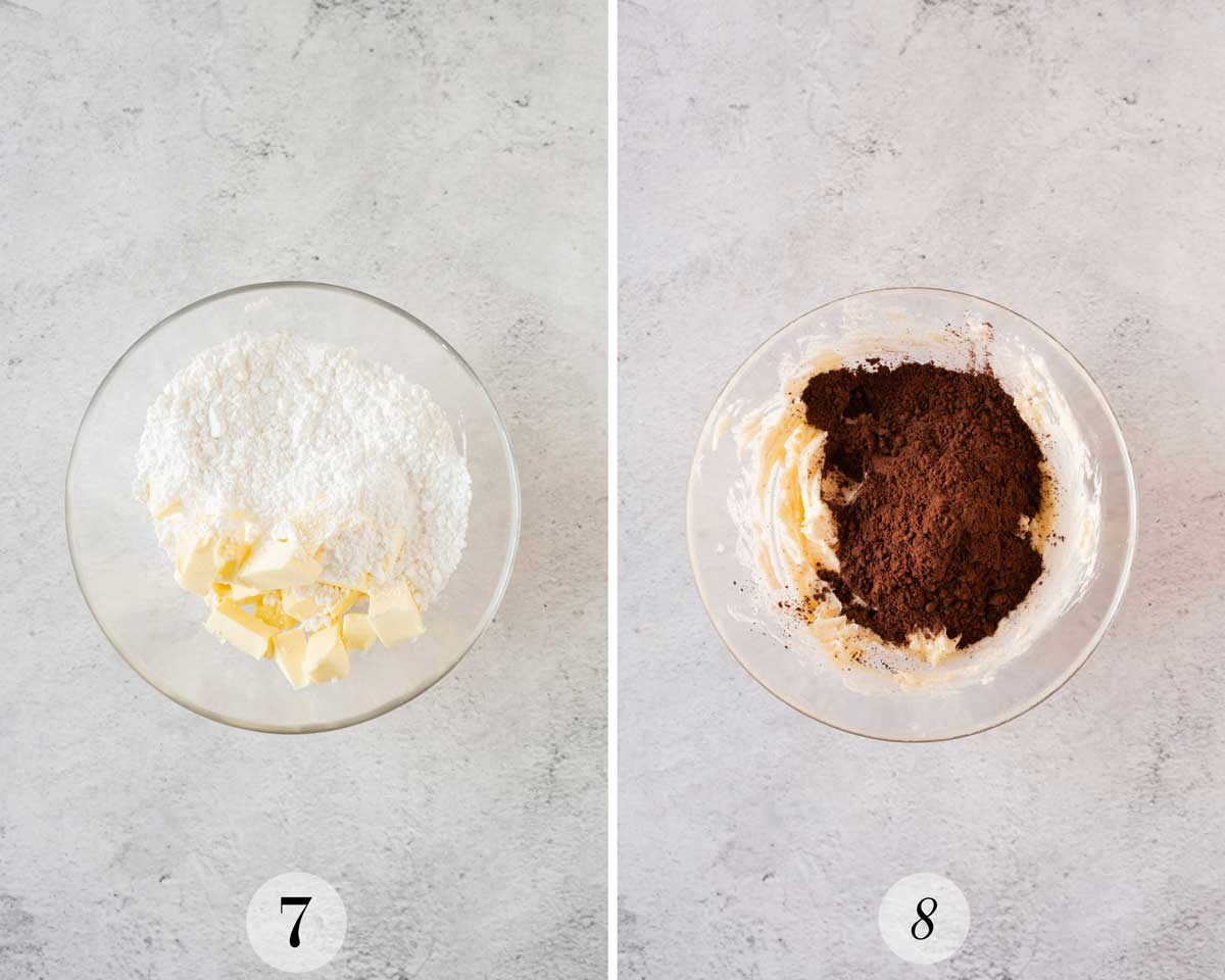 Two images of baking preparation: image 7 shows a glass bowl with sugar and butter, image 8 shows the same bowl with added cocoa powder and mixed ingredients.