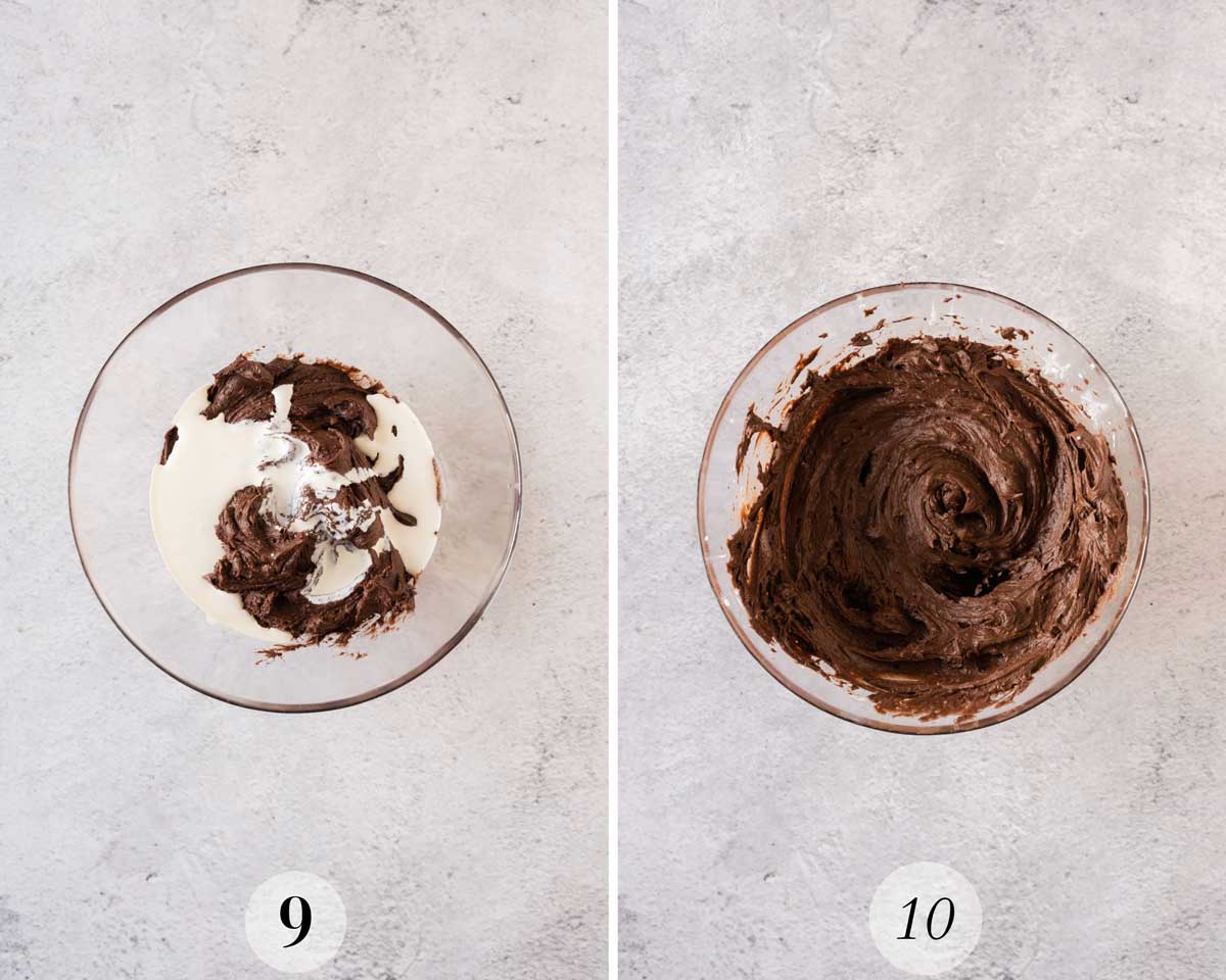 Two images showing steps in a baking process. image 9 shows a bowl with chocolate and cream being mixed. image 10 shows the mixture fully blended into a smooth chocolate cream.