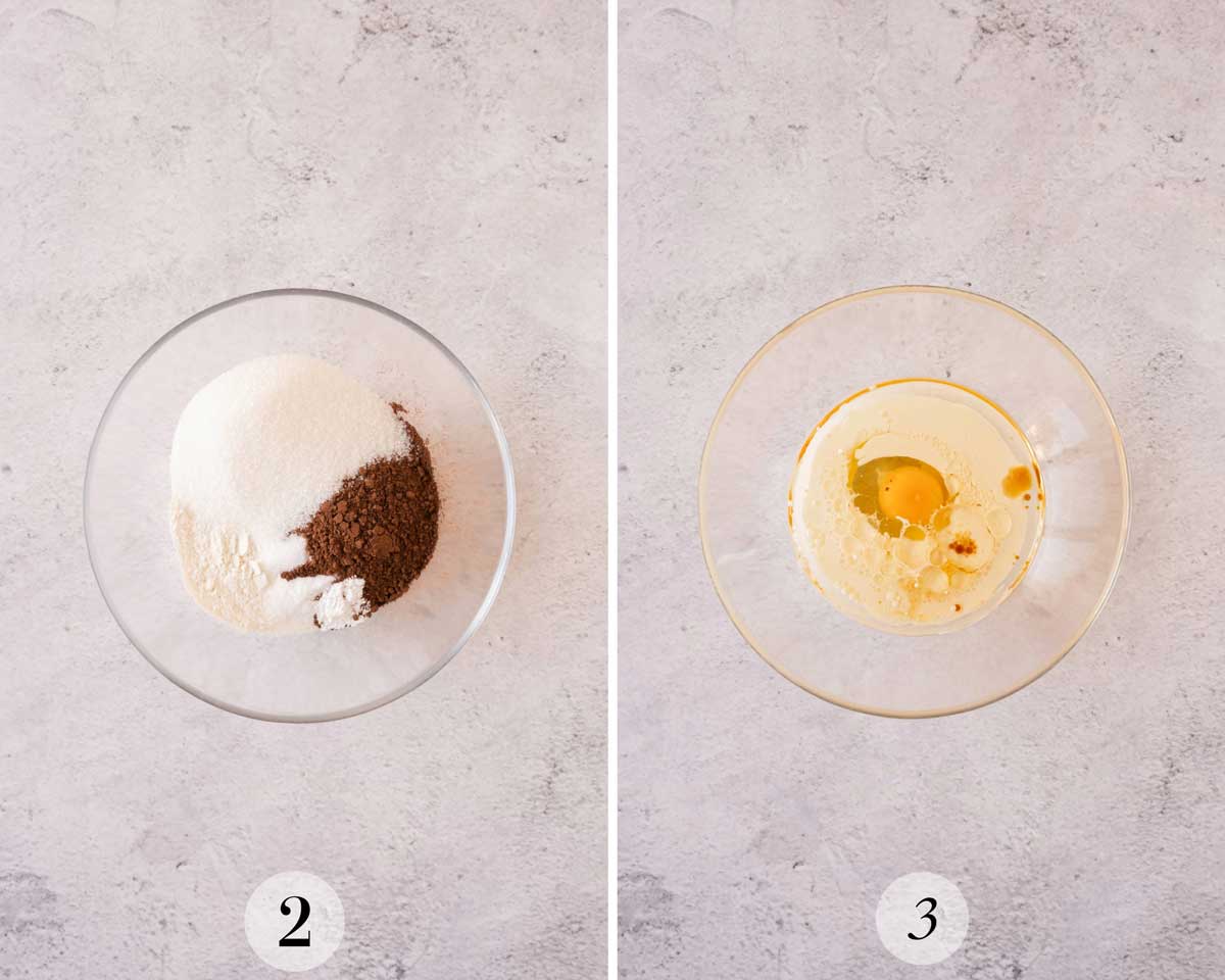 Side-by-side images of baking steps: on the left, a bowl of dry ingredients including sugar and cocoa, on the right, a bowl with mixed wet ingredients including eggs.