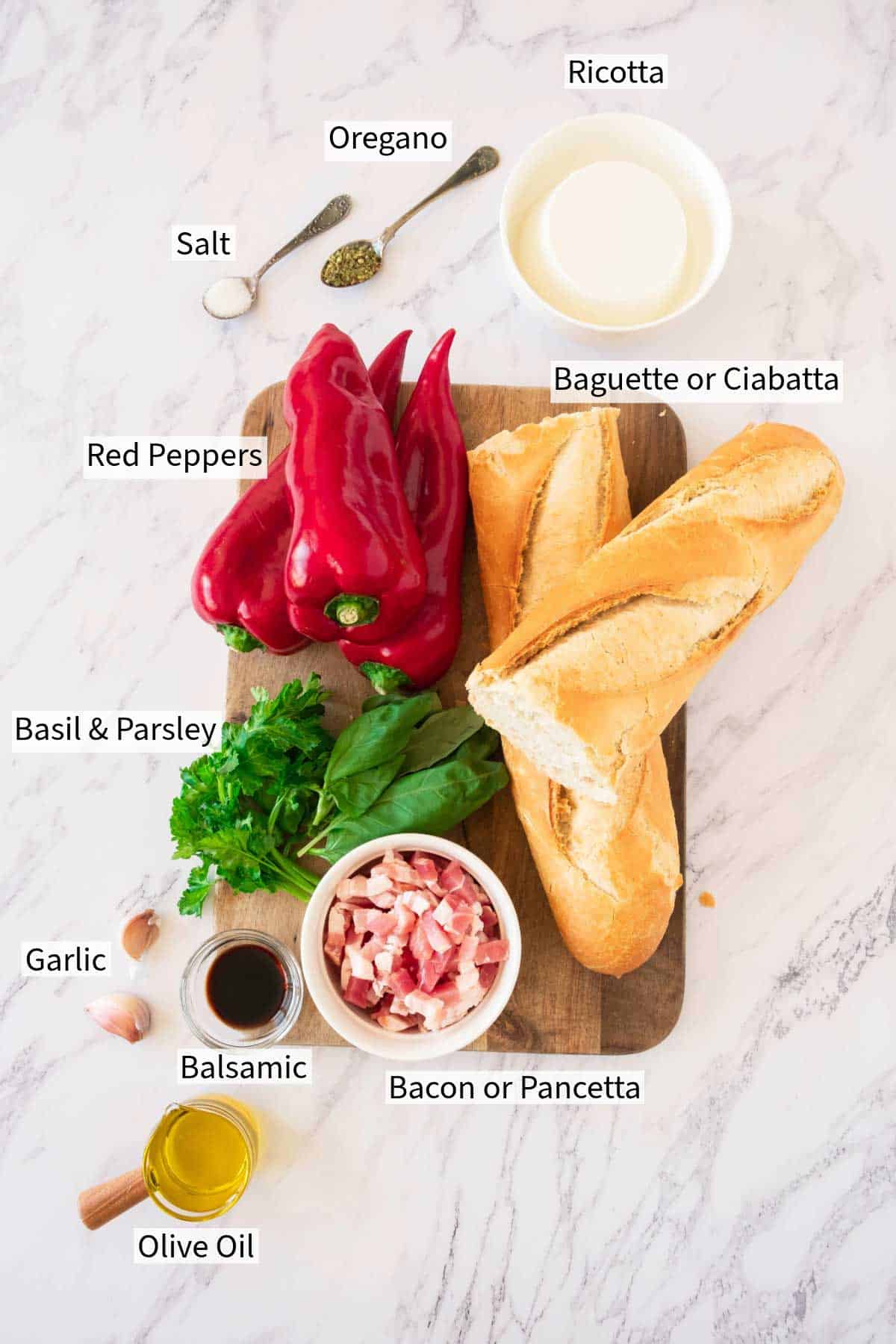 Ingredients for roasted red pepper bruschetta