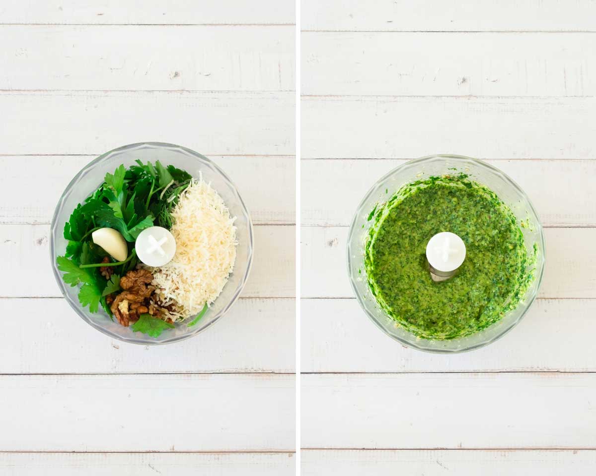 Two images of a food processor bowl on a white wooden surface: first with cheese and herbs, second showing the blended green pesto.