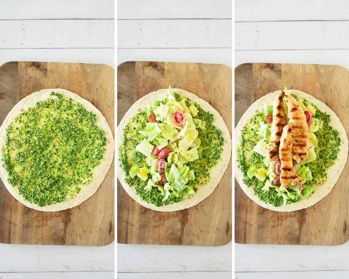 Three-step preparation of a wrap: first image shows a flatbread with pesto sauce, second with added salad, third with grilled chicken on top, ready to eat.