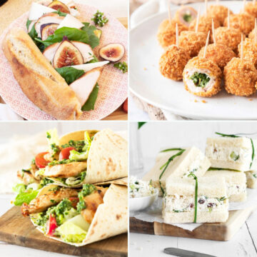 A collage of four chicken picnic dishes: a chicken baguette with figs and cheese, chicken balls on toothpicks, chicken wraps with salad, and finger sandwiches tied with chives.