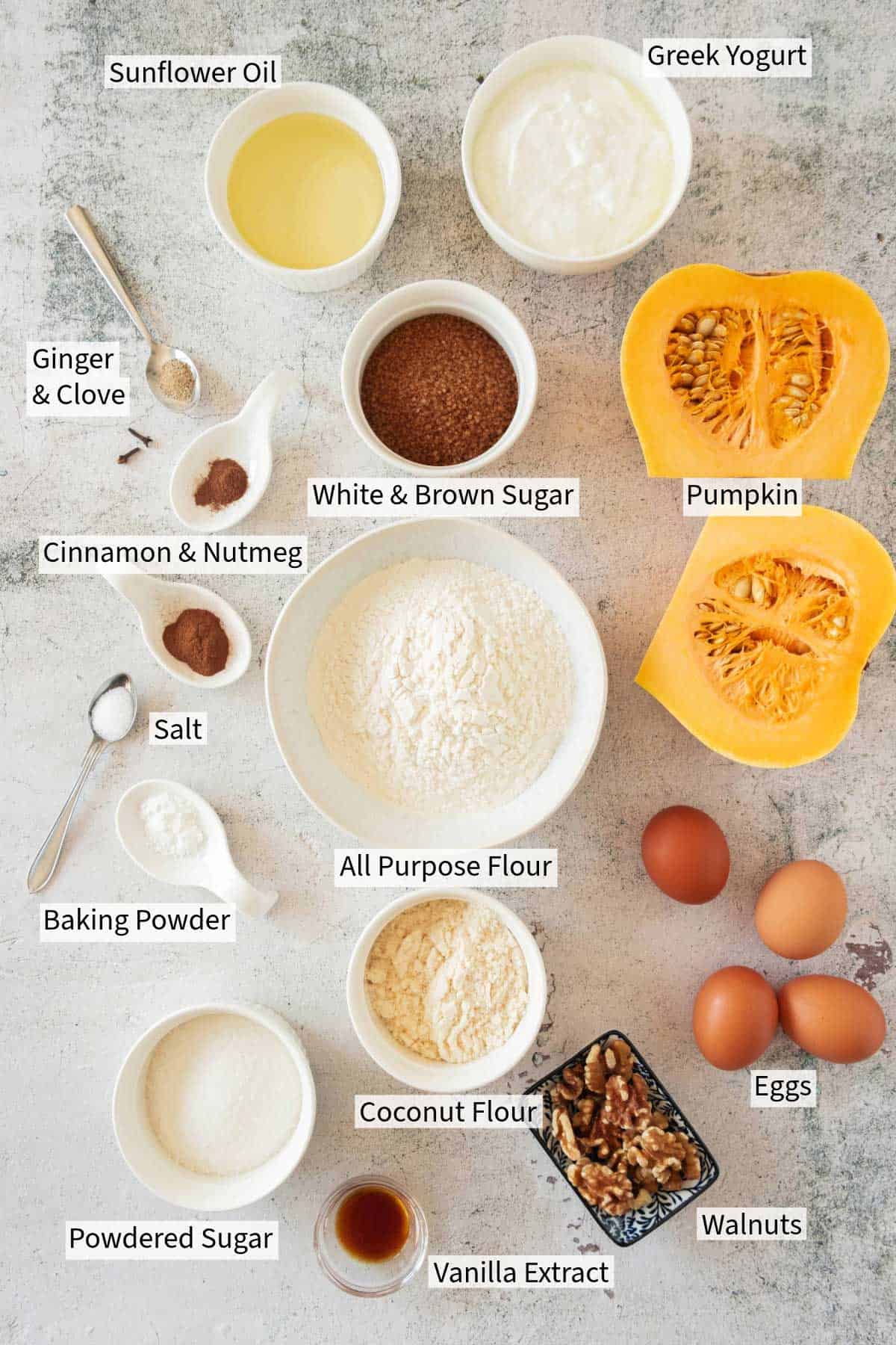 Baking ingredients are labeled and displayed on a table for pumpkin spiced coffee cake.