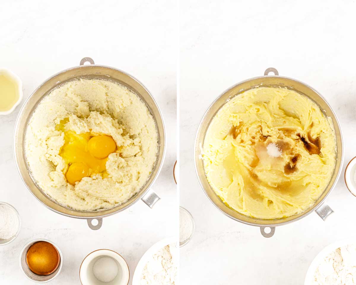 Two images of lemon cookie batter in a mixing bowl. The left shows dry ingredients with eggs on top; the right shows mixed, creamy batter.