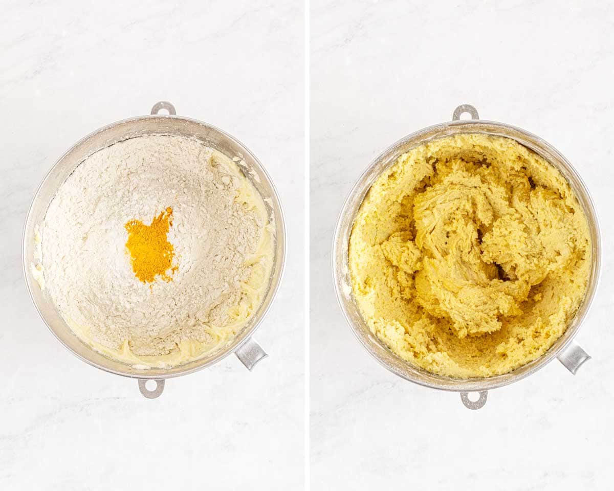 Two images of a metal mixing bowl on a marble surface: the left with dry ingredients and a dab of lemon zest, and the right showing mixed lemon cookie dough.