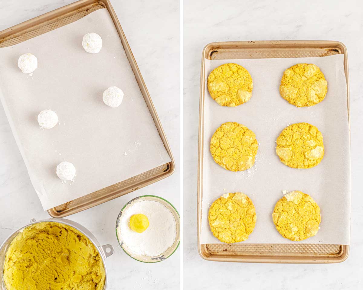 Two images side-by-side: Left shows a tray with cookie dough balls, right displays the same tray with baked flat lemon sugar cookies.
