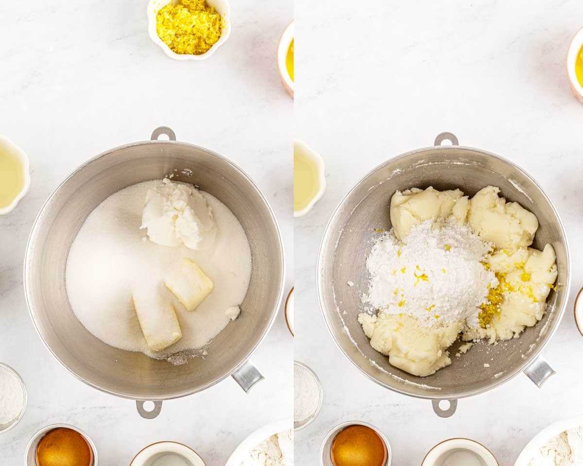 Two images show the stages of making lemon cookie dough: left with sugar, shortening, and liquid in a mixing bowl; the right shows the same bowl with flour and lemon zest added.