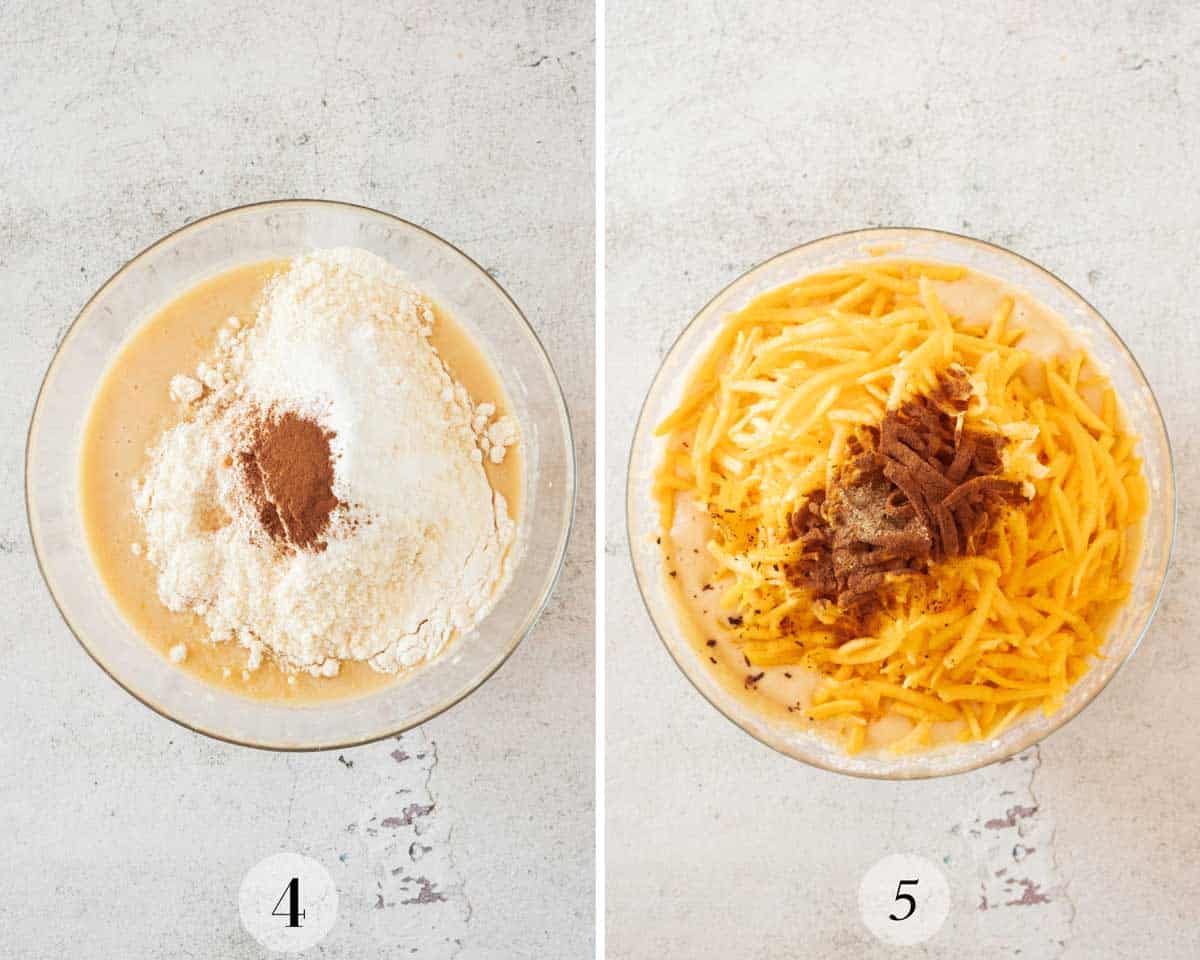 Two images show steps in a recipe: the first contains flour and cinnamon in a bowl; the second shows the same bowl with shredded pumpkin and spices added.