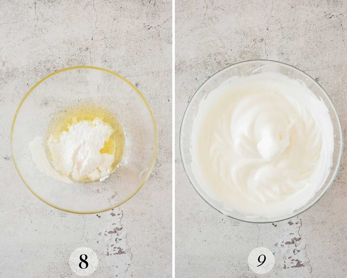 Two images: Left shows ingredients for meringue in a bowl, numbered 8. Right shows how the meringue should look when whipped. 