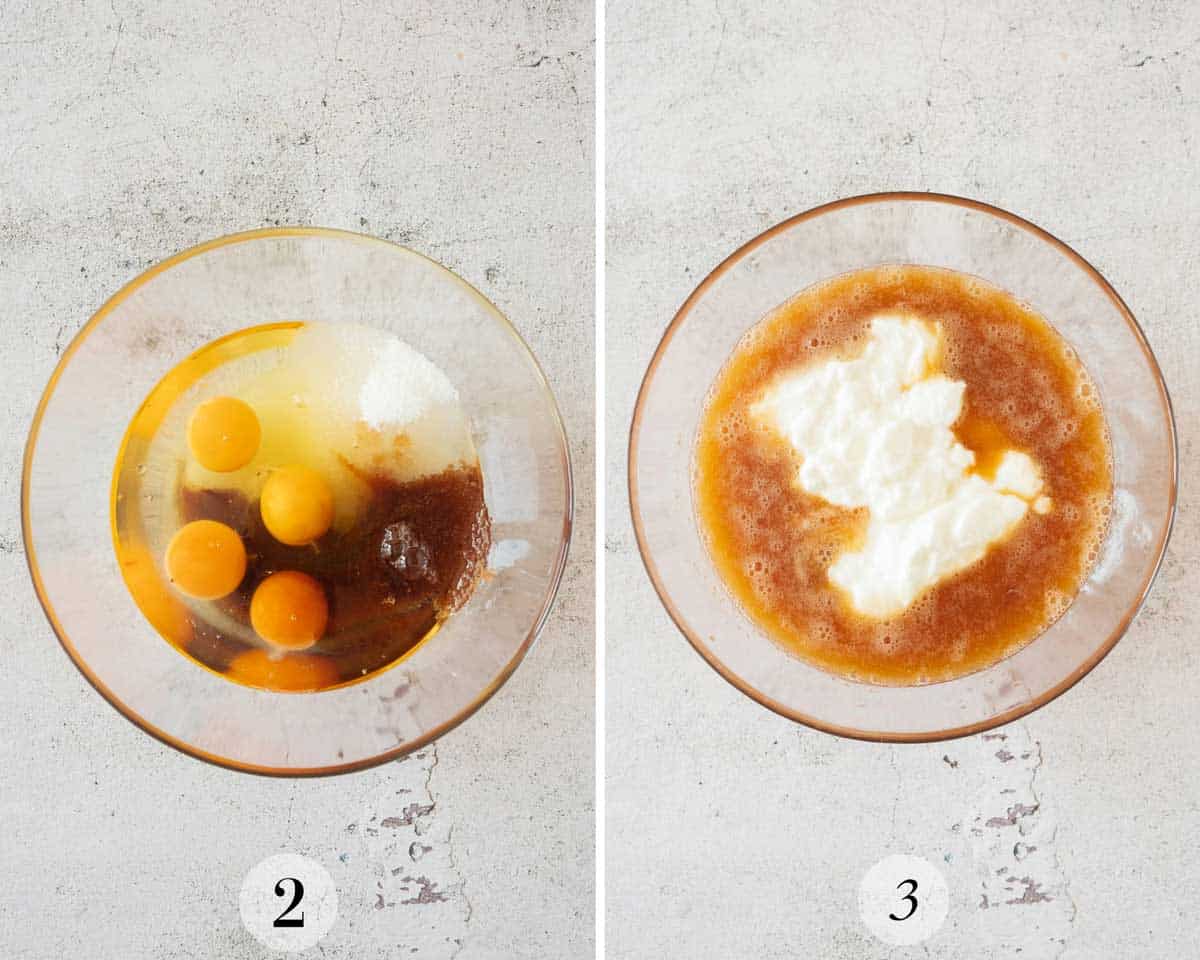 Two images of pumpkin cake preparation in glass bowls: the left image shows eggs, sugar, and vanilla; the right image shows the mixed ingredients with yogurt added.