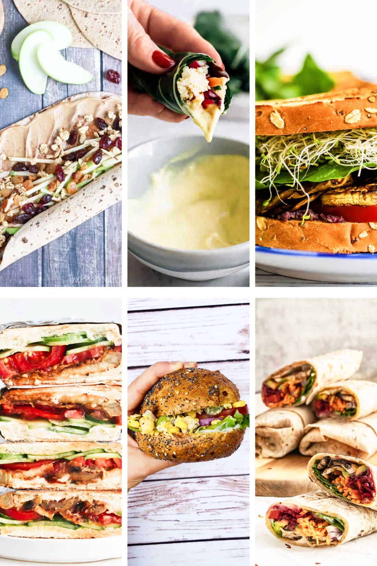 Assortment of six images showcasing various vegan wraps and vegan sandwiches with diverse fillings, including vegetables, sauces, and cheeses.