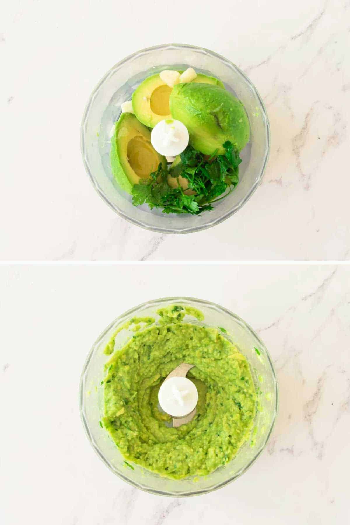 Two images of a food processor. The top image shows ingredients like avocado, garlic, and herbs in the processor. The bottom image shows the same processor with the ingredients blended into a smooth mixture.