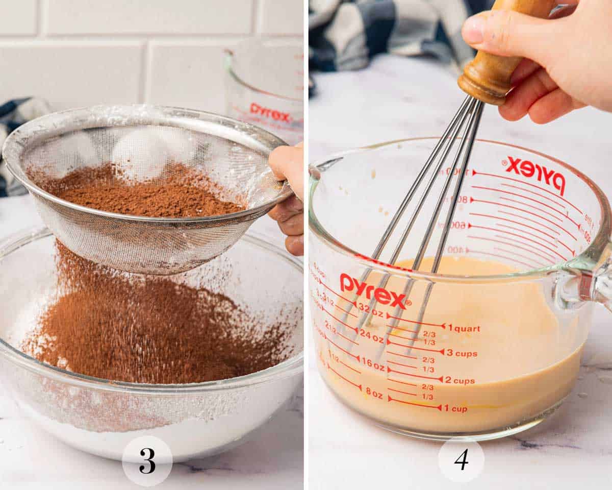 Left side: Cocoa powder being sifted into a bowl of flour. Right side: Whisk stirring a mixture in a Pyrex measuring cup.