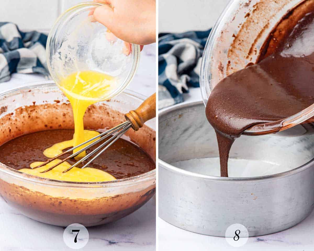 Two-step process: melted butter being poured into chocolate cake batter, then batter being poured into a round, lined baking tin. Steps 7 and 8 are labeled at the bottom of each image.
