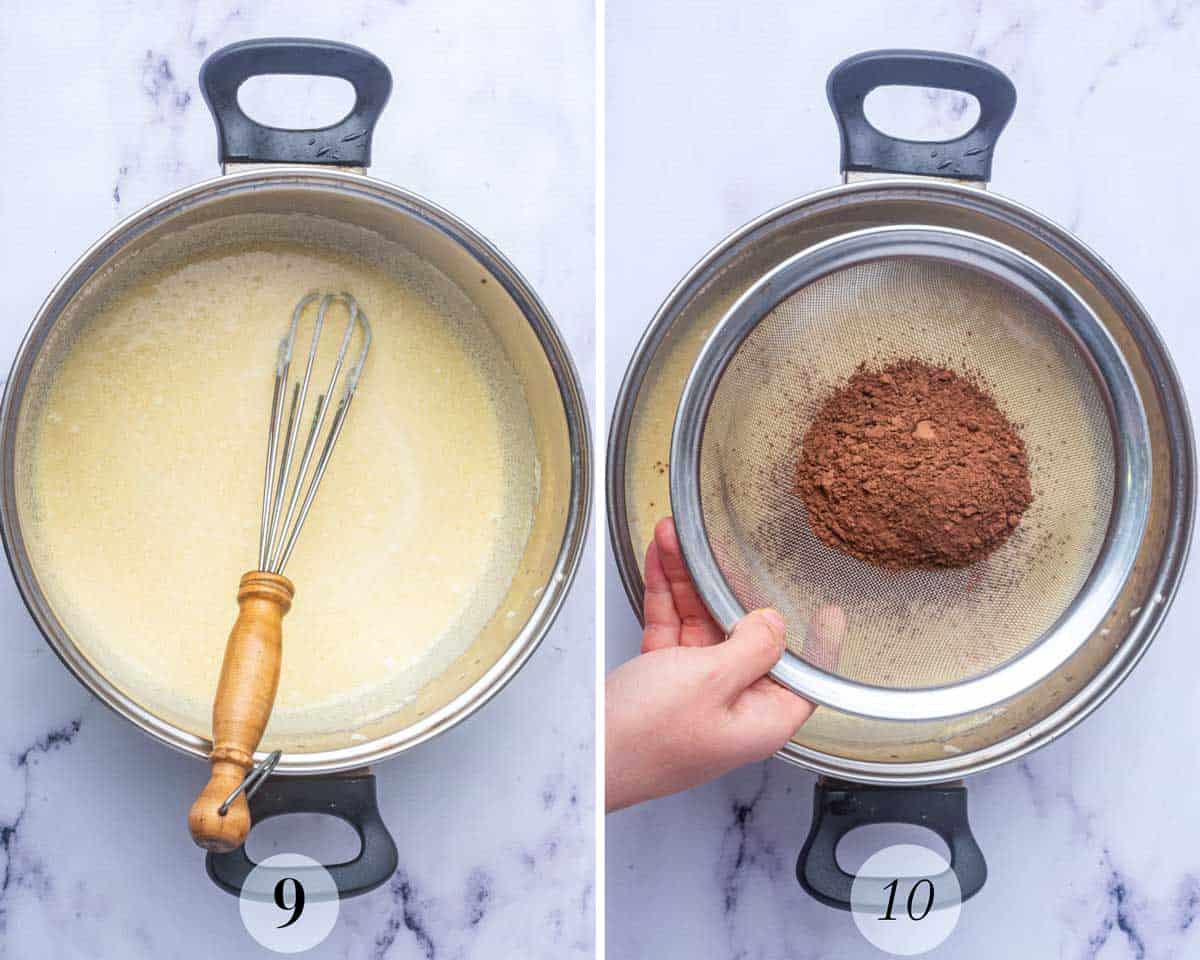 Two images: Left, a saucepan with a whisk in a creamy mixture; Right, a hand sifting cocoa powder into the saucepan. Both are placed on a white marble surface, labeled 9 and 10 respectively.