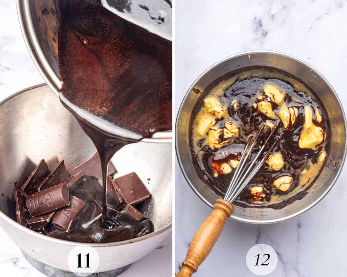 Two-part image showing the process of making a chocolate frosting. left: Melted chocolate being poured over chocolate pieces. right: Butter is added to the chocolate mixture with a whisk placed beside it.