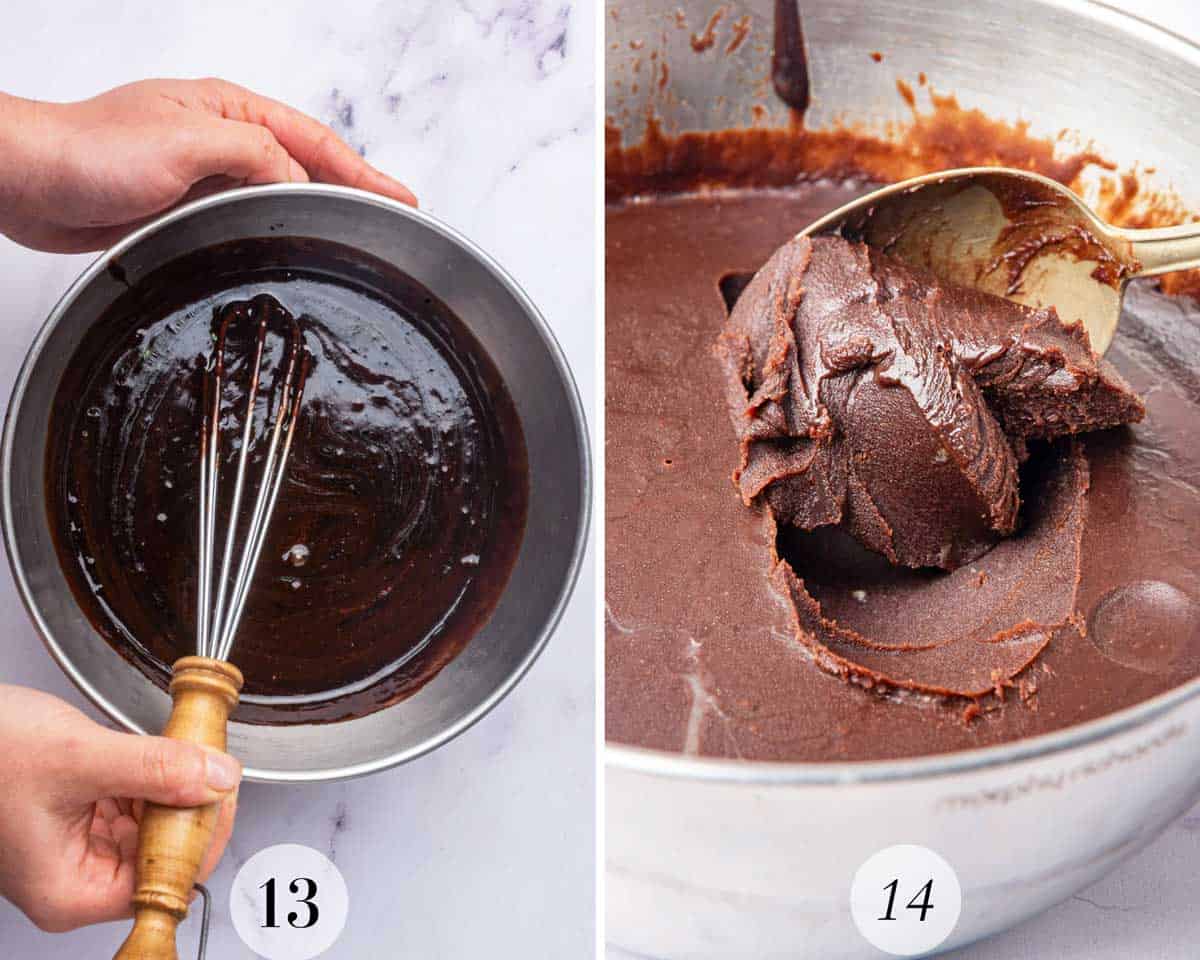 Left: A person whisking chocolate fudge frosting in a bowl. Right: A spoon scooping thickened chocolate frosting from a bowl.