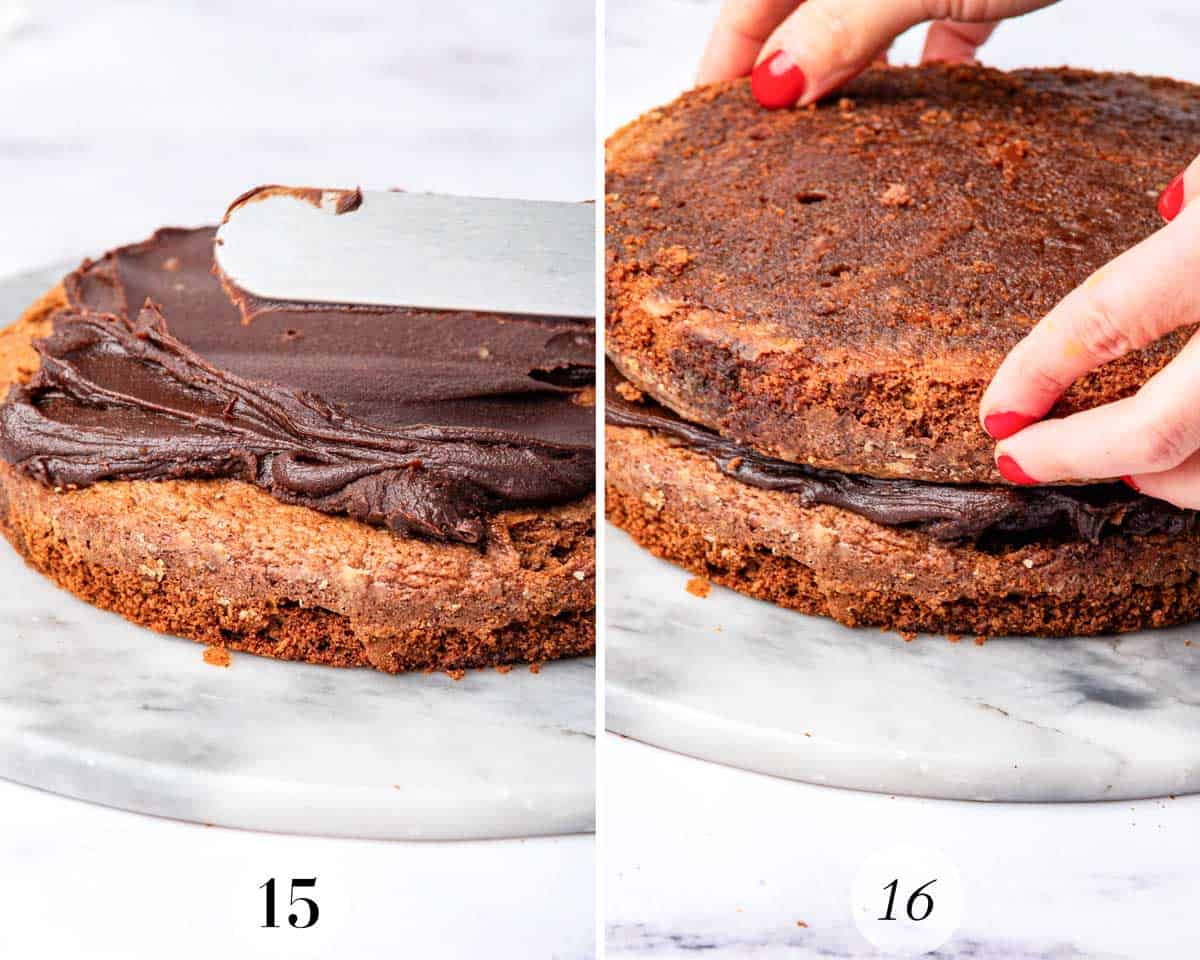 A chocolate cake being assembled. On the left, frosting spread on a layer. On the right, a second layer being placed on top of the frosted layer.
