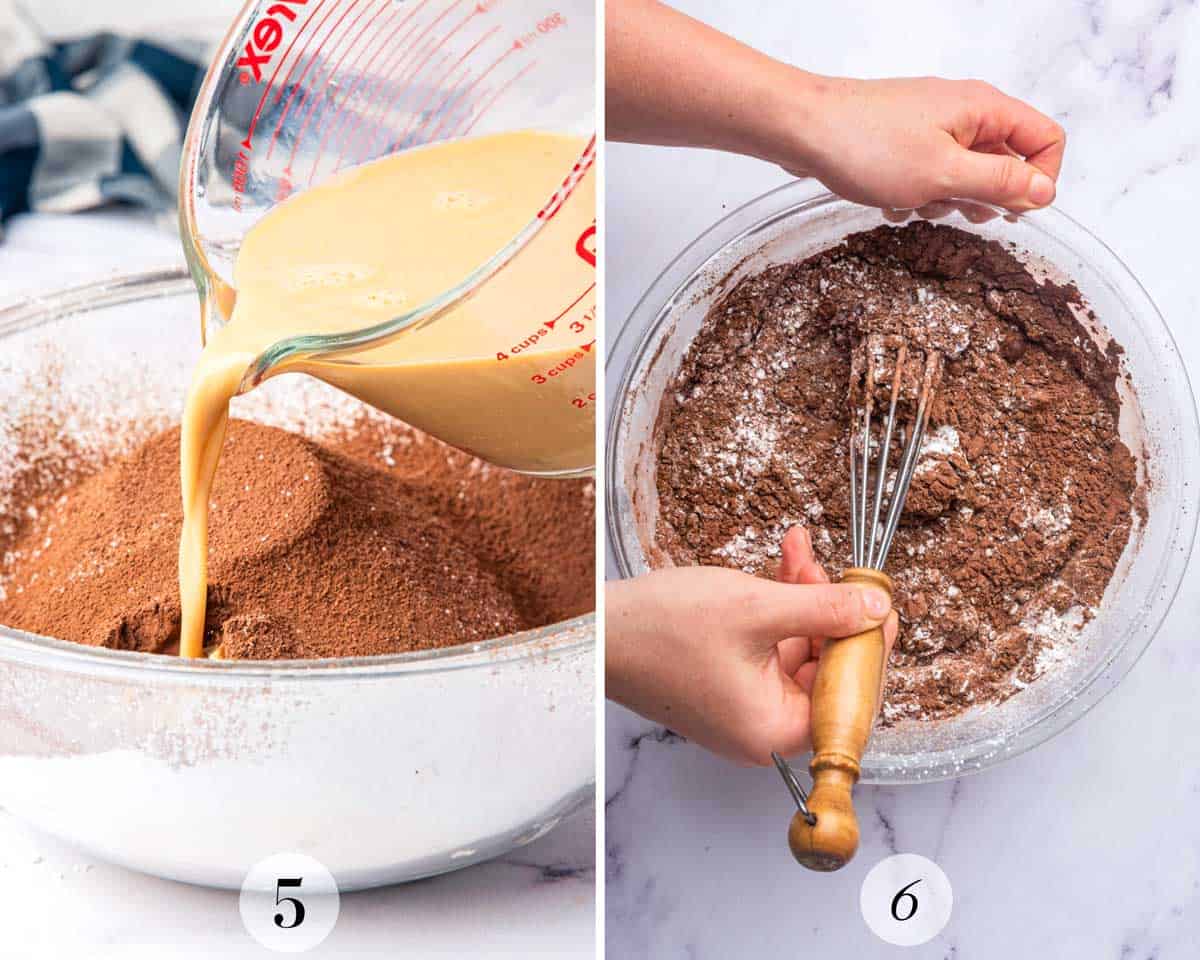 Two-step baking process: Left image shows liquid being poured into a mixing bowl containing dry ingredients. Right image shows hands mixing the contents with a whisk.