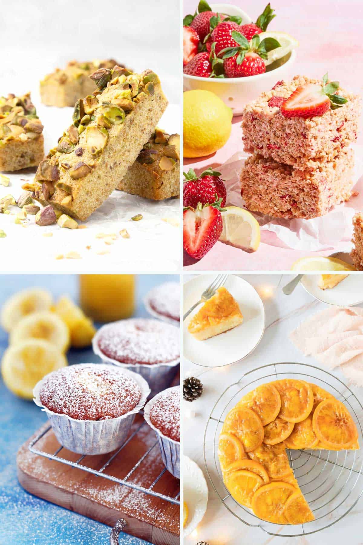 An assortment of baked goods including pistachio bars, strawberry rice cereal bars, powdered sugar muffins, and an orange-glazed cake.