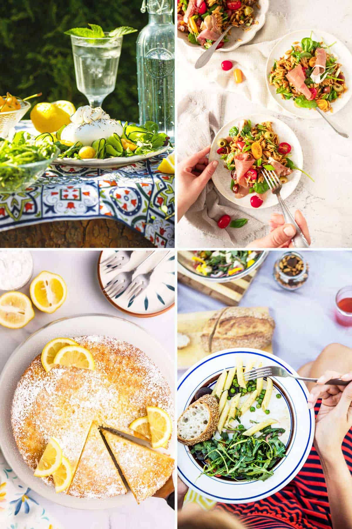 Four images of differently arranged Italian Picnic meals: a table setting with lemon and greens, a person holding a fork near a salad plate, a lemon cake with sliced pieces, and a pasta dish with bread and greens.