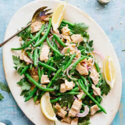 A white plate filled with a salad of green beans, chunks of tuna, red onion slices, parsley, and garnished with lemon wedges, with a serving fork on the side.