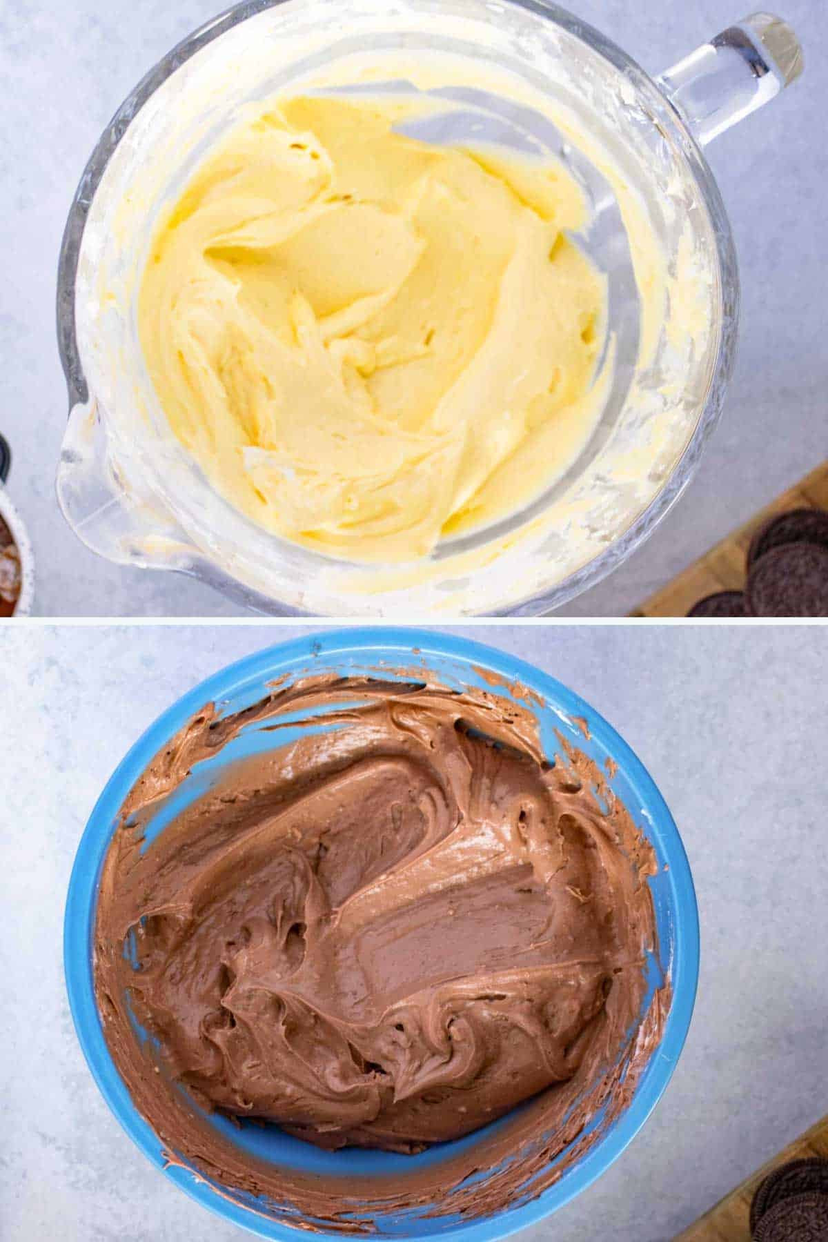 Two mixing bowls, one with yellow batter and the other with chocolate batter, are placed on a flat surface.