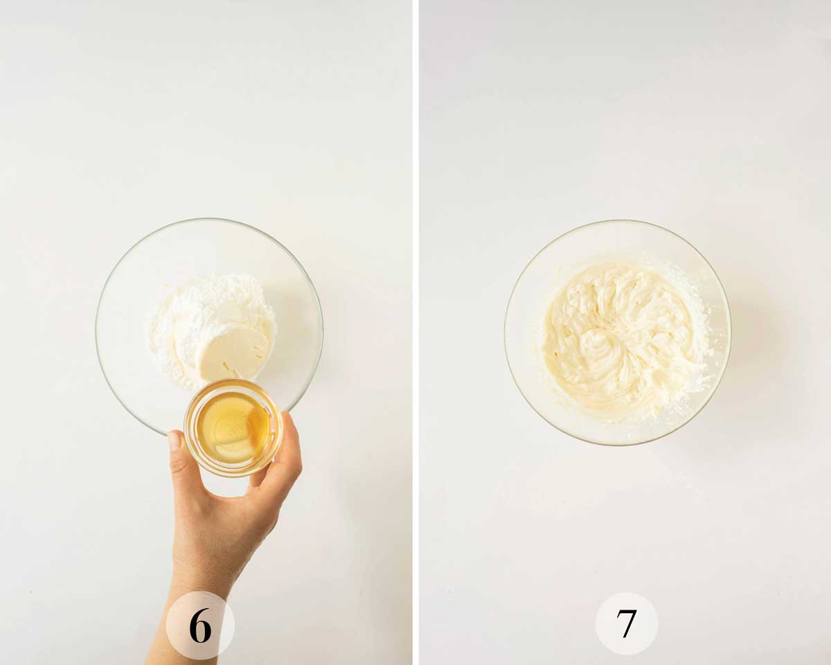 Two-step process of adding honey to whipped cream: Step 6 shows a hand pouring honey into a bowl of whipped cream. Step 7 shows the whipped cream mixed with honey.