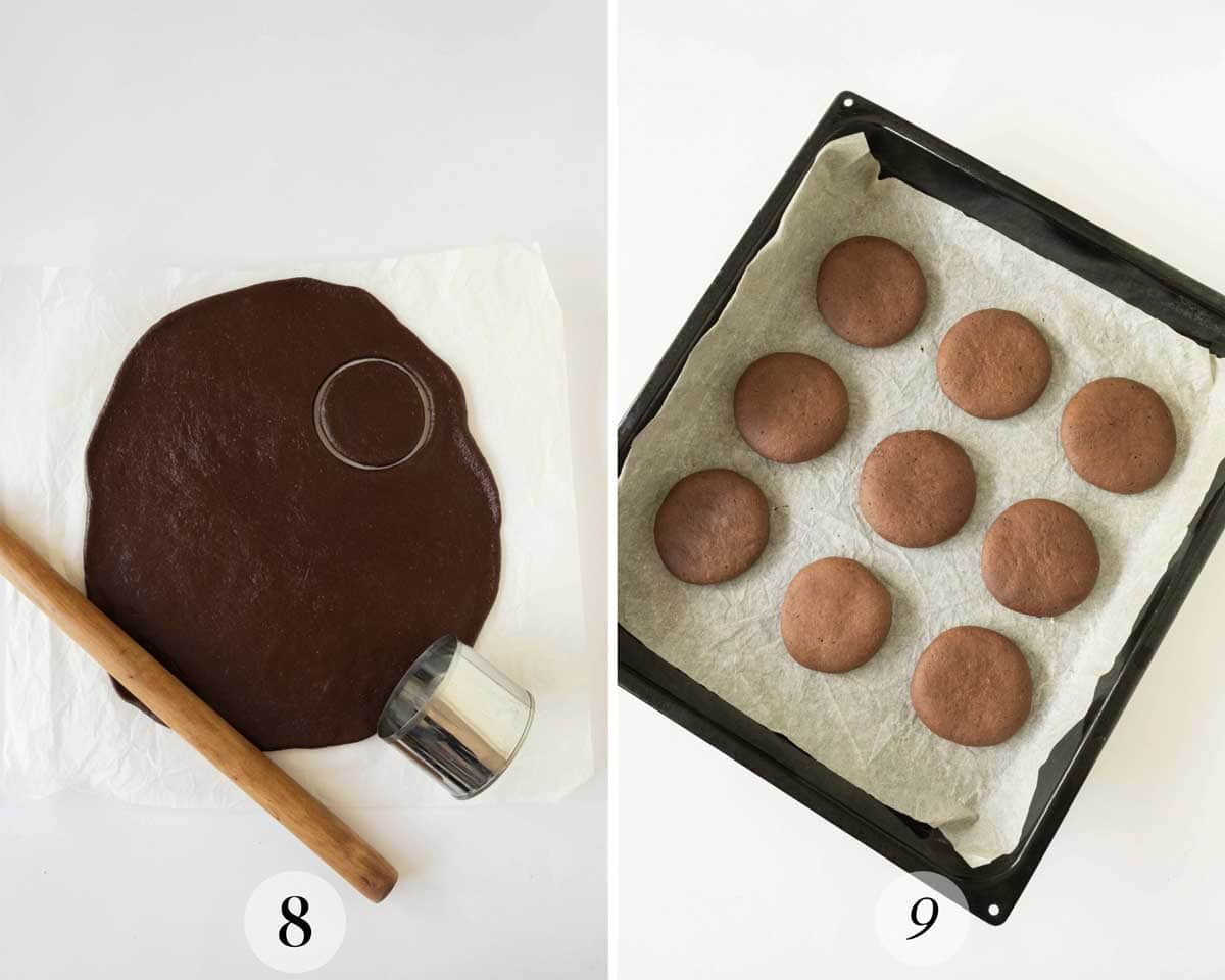 Two-step baking process: A rolling pin, dough, and a round cutter on parchment paper on the left; nine round cookies on a parchment-lined baking tray on the right.