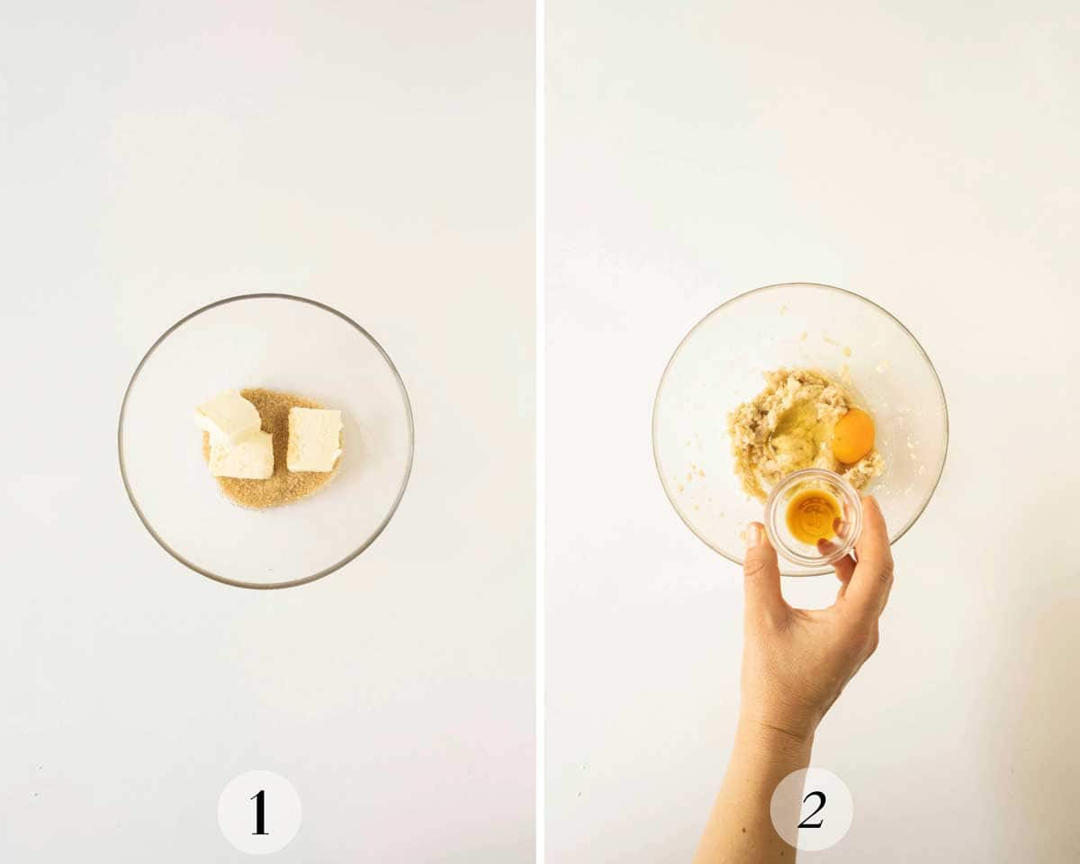 Two images side-by-side: Left, butter and sugar in a glass bowl labeled "1." Right, egg being added to a mixed butter and sugar mixture in a glass bowl labeled "2.