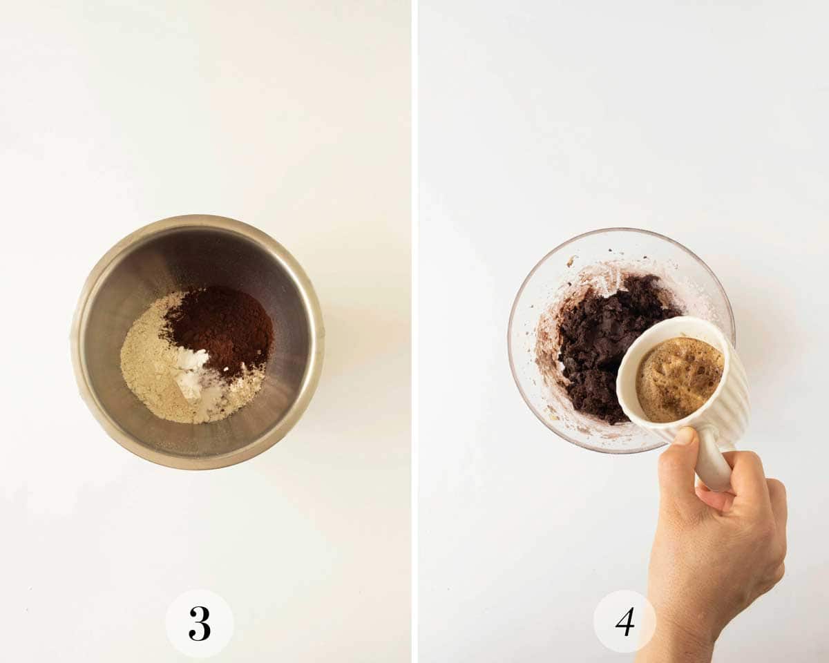 Step 3: Unmixed dry ingredients in a metal bowl. Step 4: Partially mixed bowl with dry ingredients and liquid, a hand holding a cup over it.